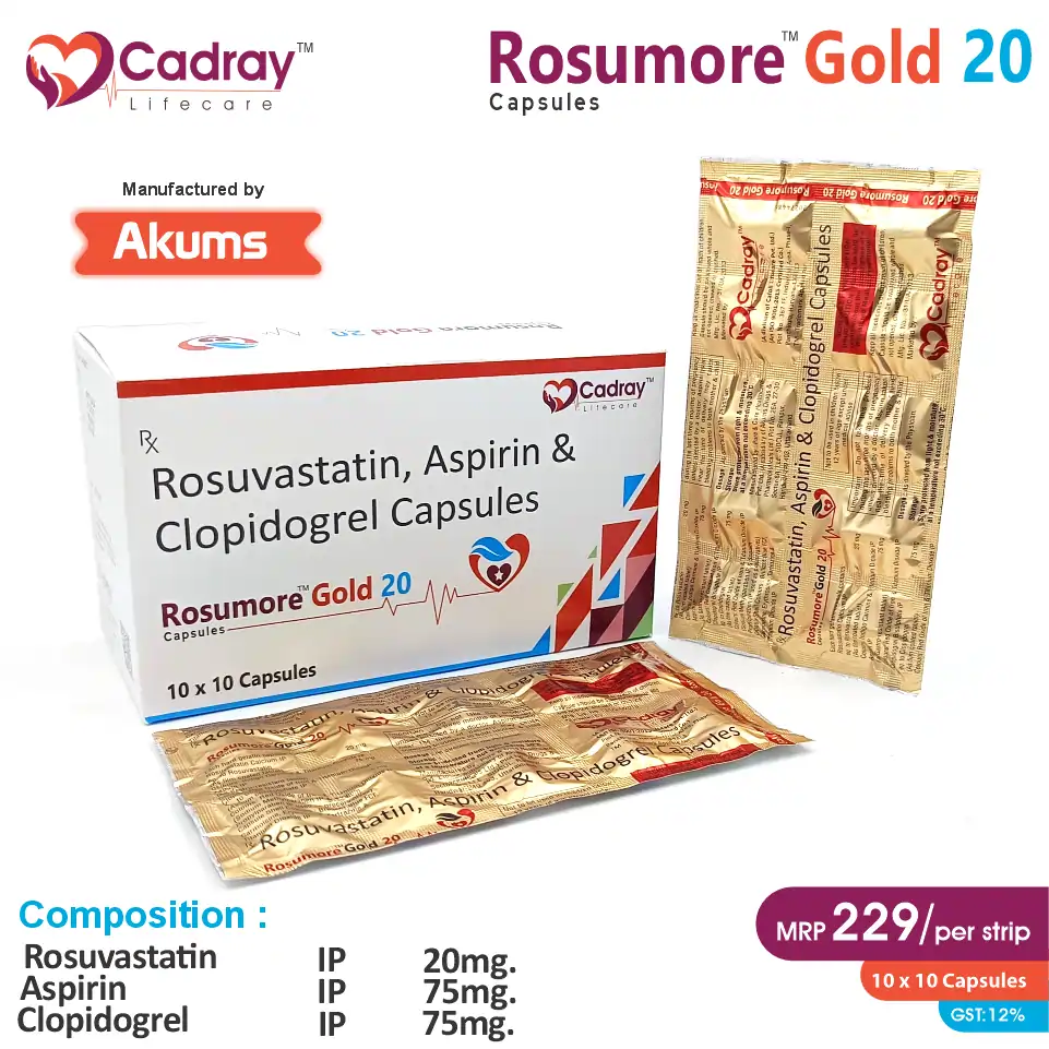 Aspirin 75mg, Rosuvastatin 20mg, and Clopidogrel 75mg combine for optimal cardiovascular protection, WHO GMP certified and available for PCD pharma franchise at competitive prices.